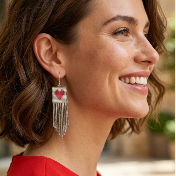 Orecchini di perline argento a frangia con cuore rosso, indossato da donna sorridente con abito rosso, come sfondo la città