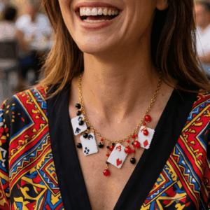 Collana chunky con cristalli e assi di cuori, picche, fiori, quadri come pendenti, indossata da donna con outfit colorato