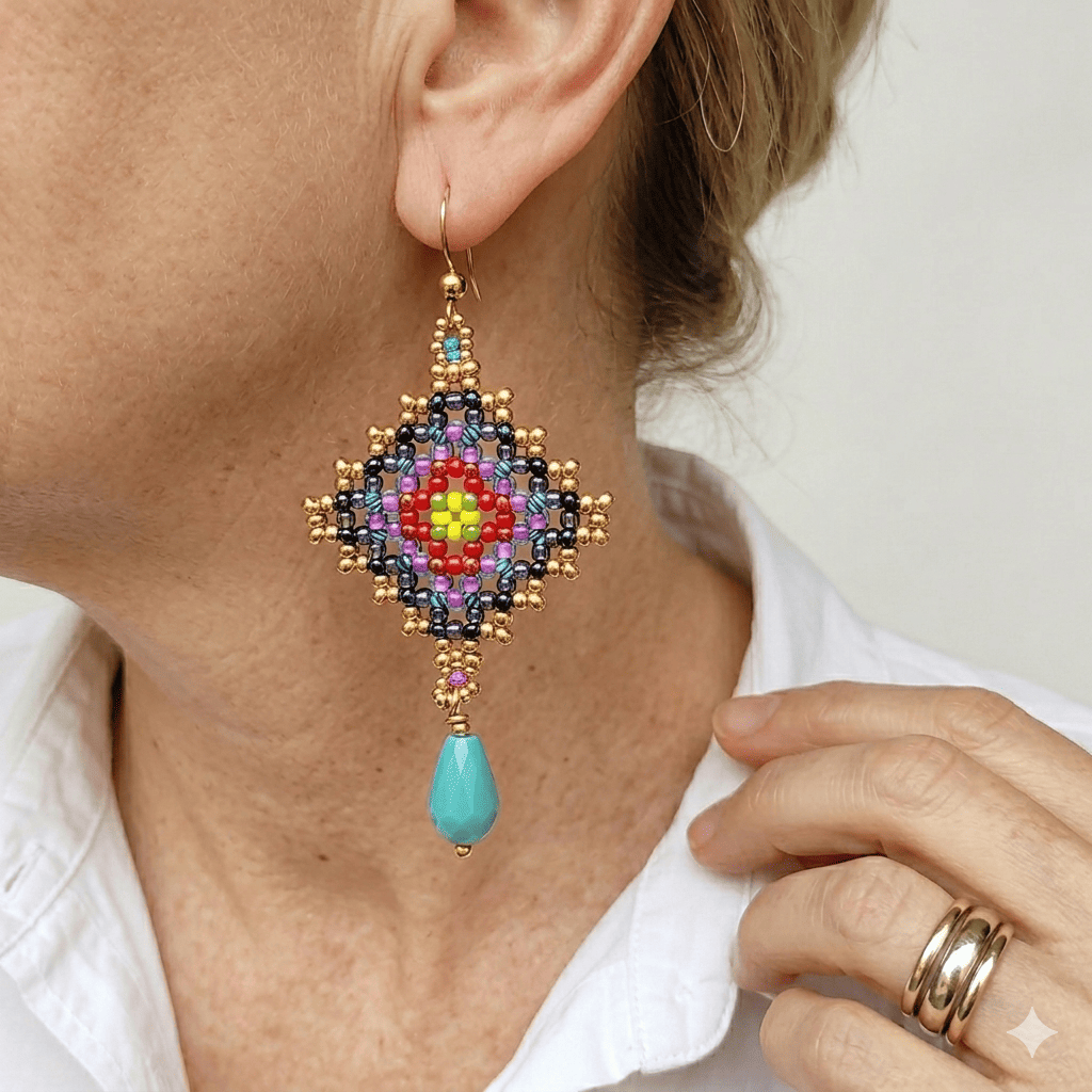 Modella che indossa orecchini granny modello Soul di perline, con una camicia bianca