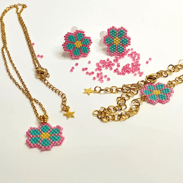 coordinato MARGHERITE di perline rosa e turchese