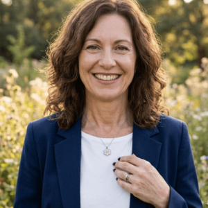 Modella che indossa collana margherita di perline, con una maglietta bianca e giacca blu, sfondo natura