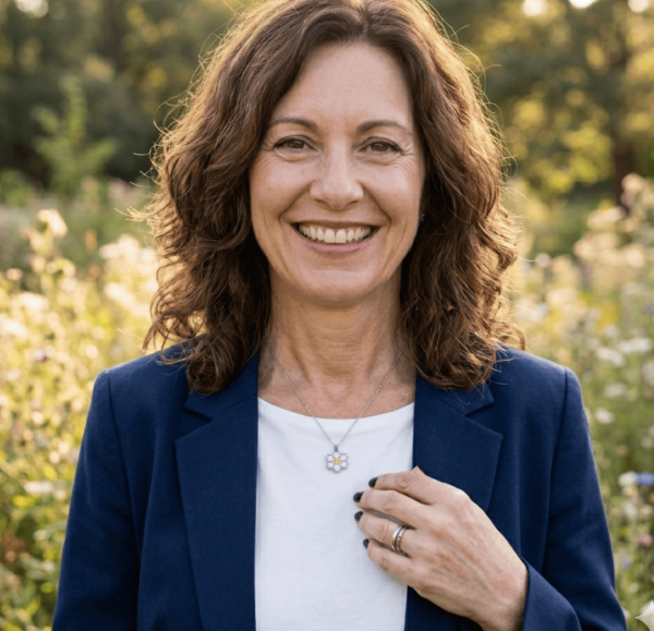 Modella che indossa collana margherita di perline, con una maglietta bianca e giacca blu, sfondo natura