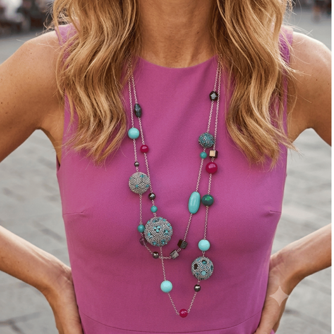 Collana Lunga Multifilo con Sfere di perline in vetro cristalli e Pietre Dure fatta a mano Edizione limitata Pianeti Paralleli 2.0