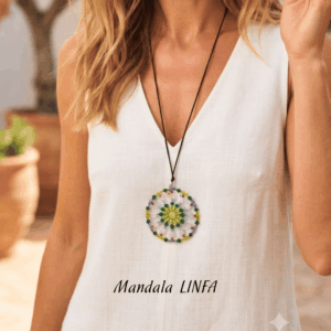 Pendente fatto a mano Mandala Linfa Vanitage Gioielli con cristalli rosa confetto a rombo, elementi verdi bosco e micro perline gialle. Indossato.
