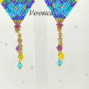 Dettaglio orecchini pendenti a forma di mongolfiera modello Veronica di Vanitage Gioielli, fatti a mano con perline di vetro blu, viola, verdi e gialle, completati da cristalli colorati.