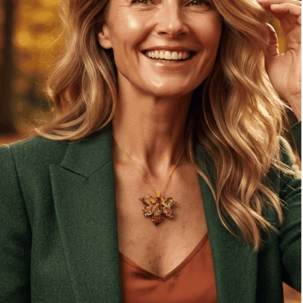 Collana fatta a mano con ciondolo a forma di foglia d'acero gialla e ocra, realizzata con un mosaico di perline di vetro tessuto a mano e completata da una catenina dorata. Indossata